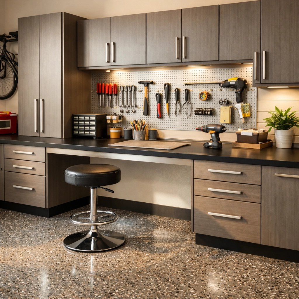 Clean garage transformation featuring a professional polyaspartic floor and organized workshop.