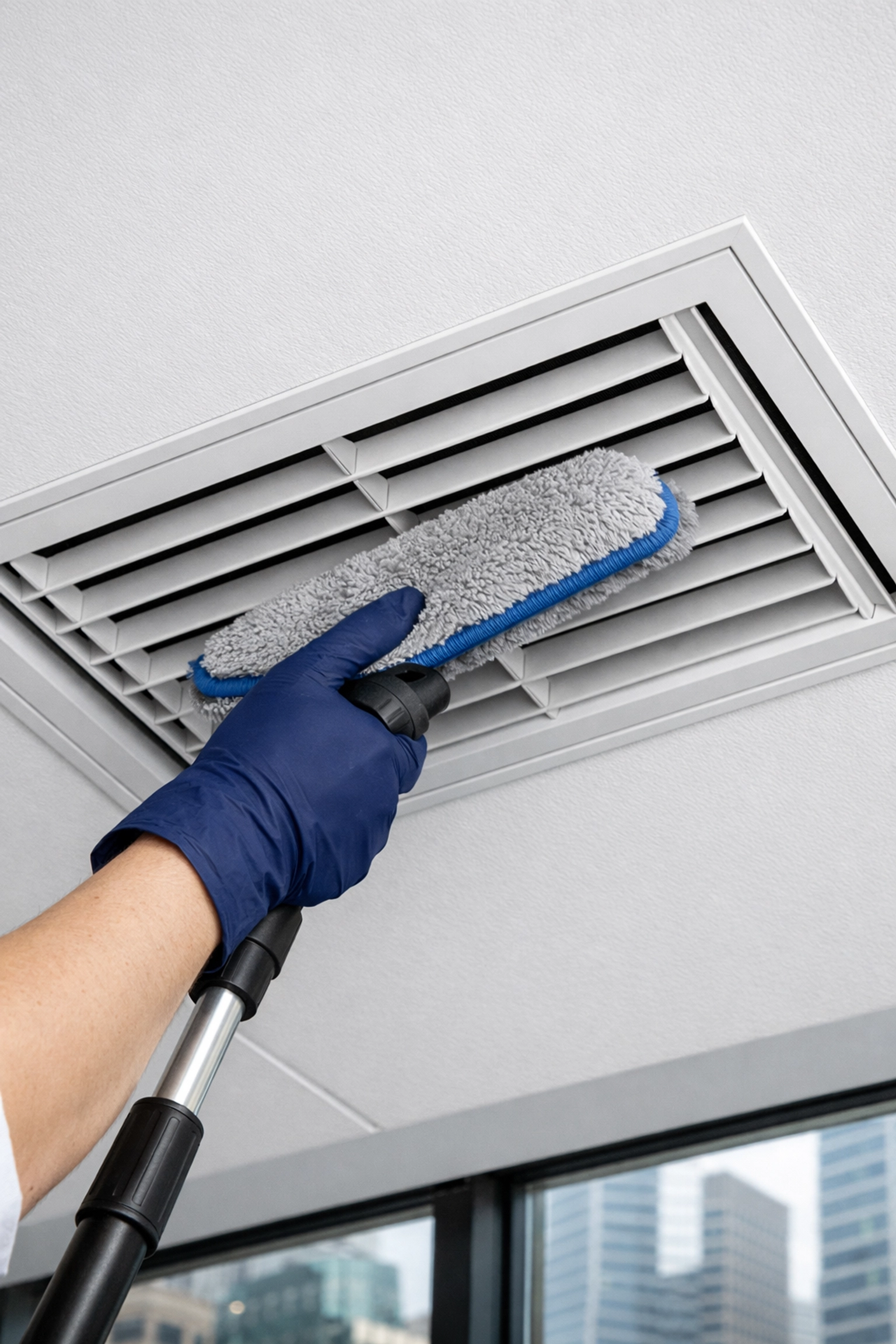 Cleaning an HVAC ceiling vent in a Boston commercial space as part of post-construction cleaning MA services.