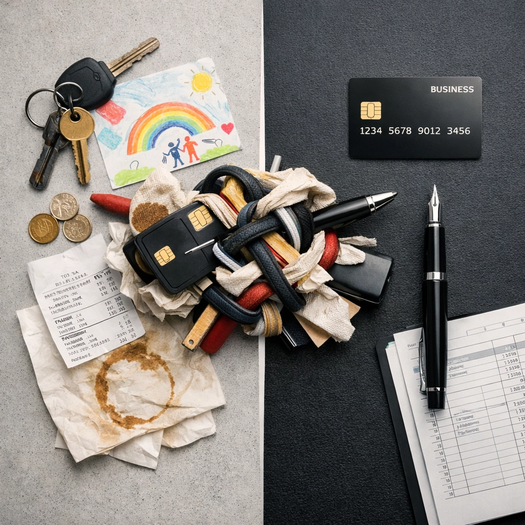Visual metaphor of messy personal receipts mixed with professional business accounts and tax documents.