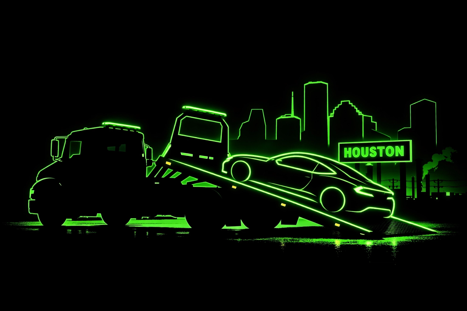 Professional flatbed towing truck silhouette representing Houston 24 hour emergency recovery services.