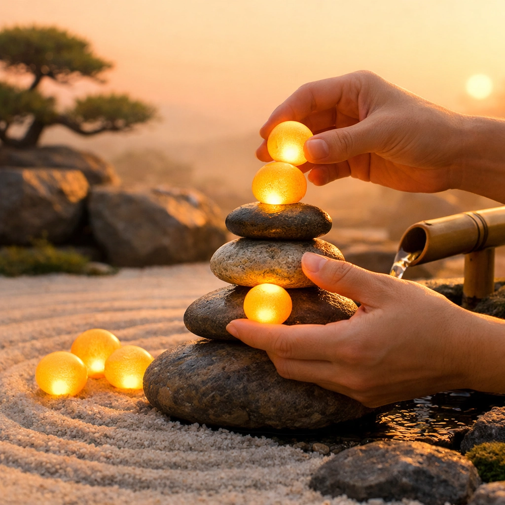 Hands balancing golden orbs in a Zen garden, representing stress-free financial planning and portfolio phasing.