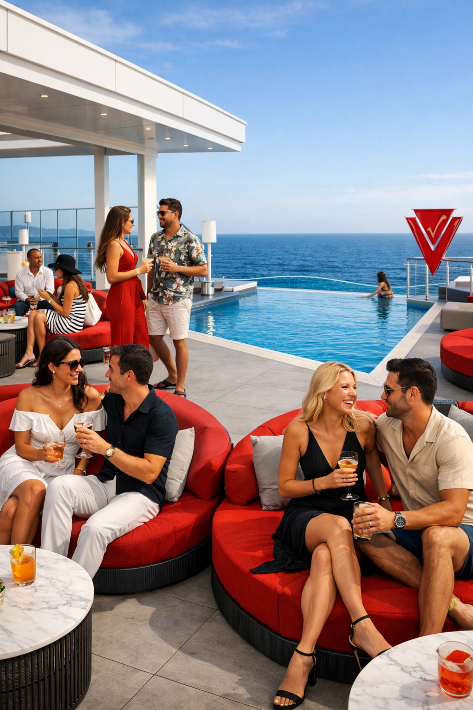 Modern adults-only lounge and infinity pool on a Virgin Voyages cruise ship during the sale.