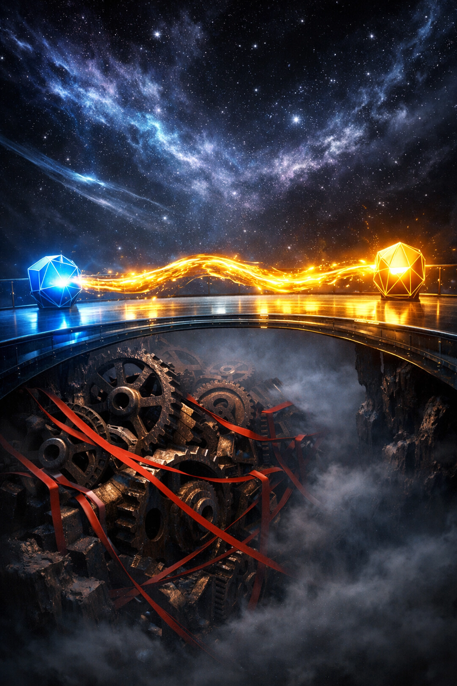 Secure blockchain payment bridge showing fast global settlement versus slow legacy banking systems on Larecoin.