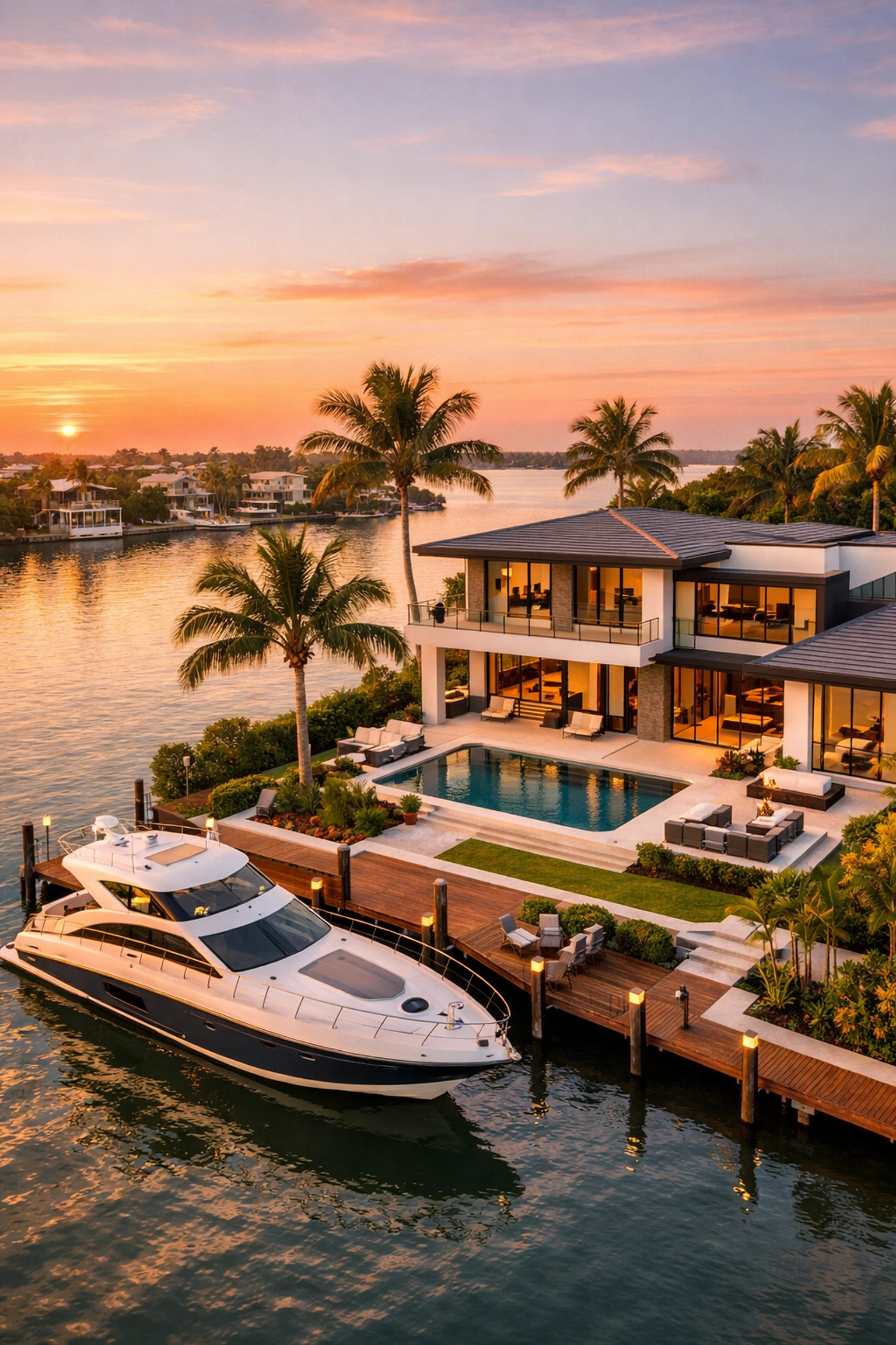 Luxury waterfront home on Florida's Suncoast with yacht and palm trees attracting NHL players