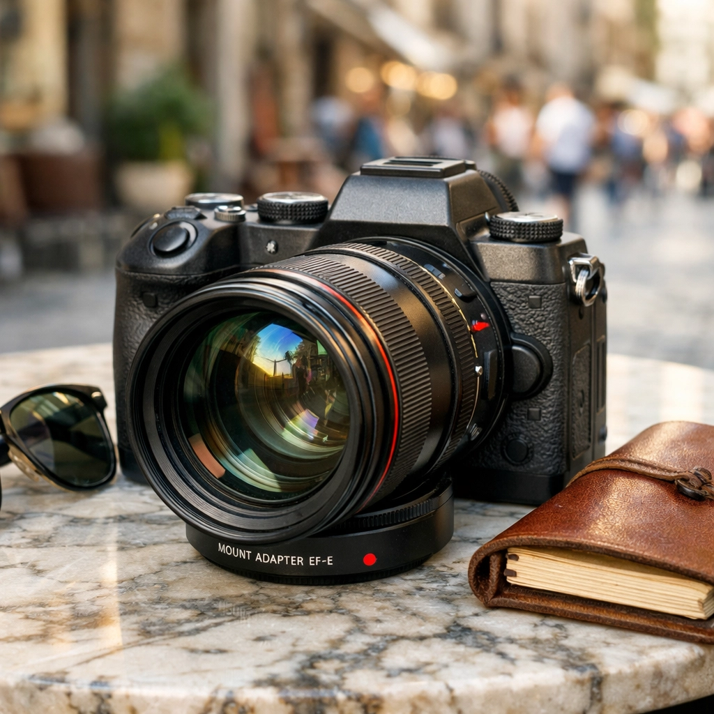 Mirrorless camera and travel journal on a café table in one of the best photography locations.
