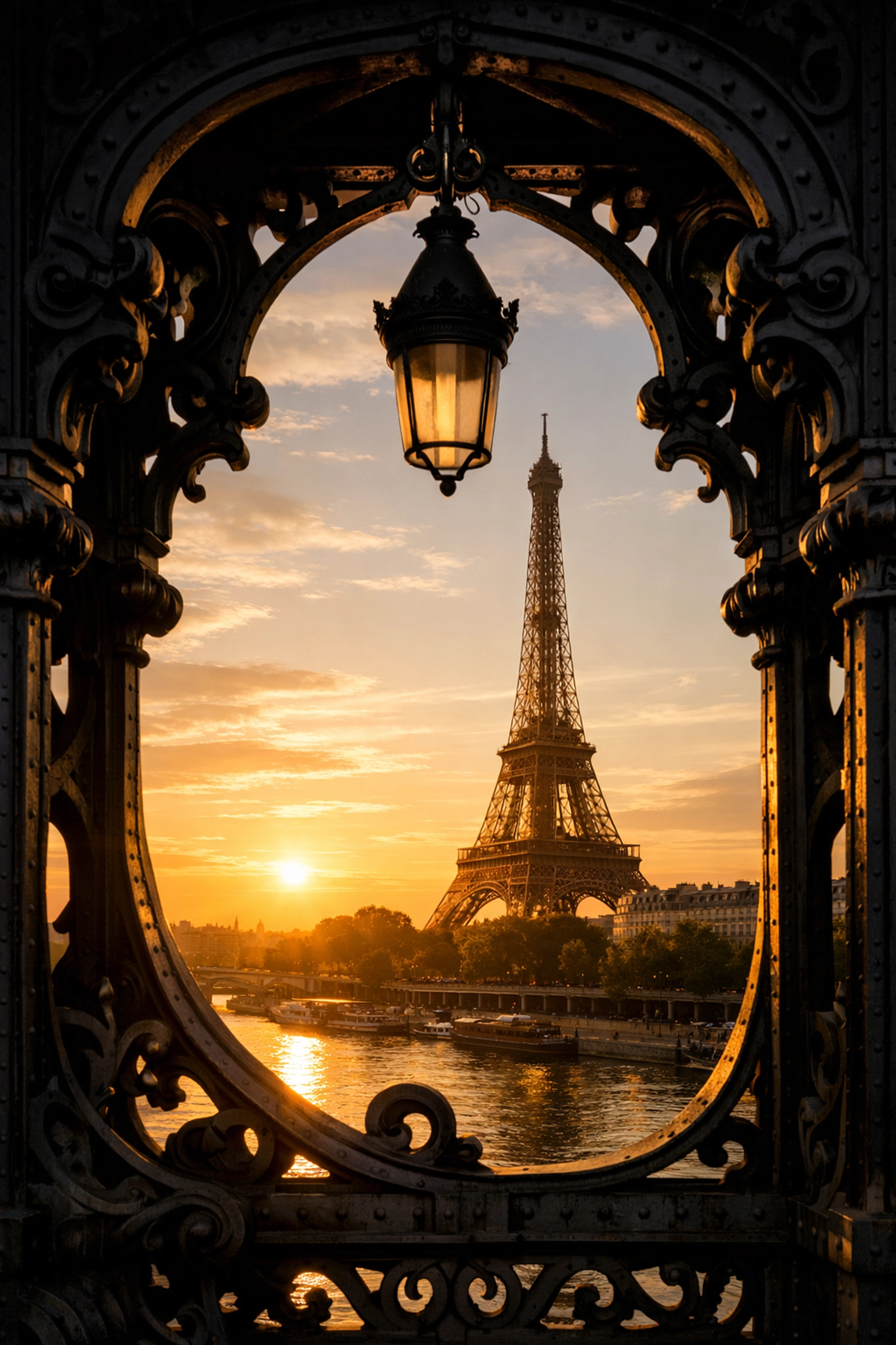 The Eiffel Tower framed by bridge ironwork, using natural framing to capture high-end travel photos of hidden gems.