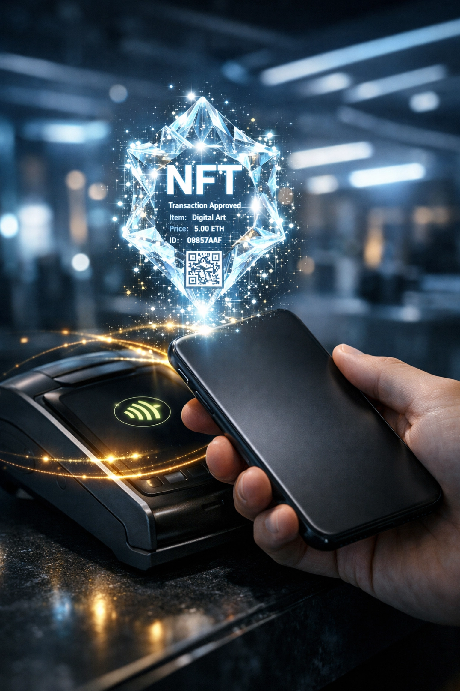 Futuristic crypto payment terminal showing a digital holographic NFT receipt for Larecoin merchants.