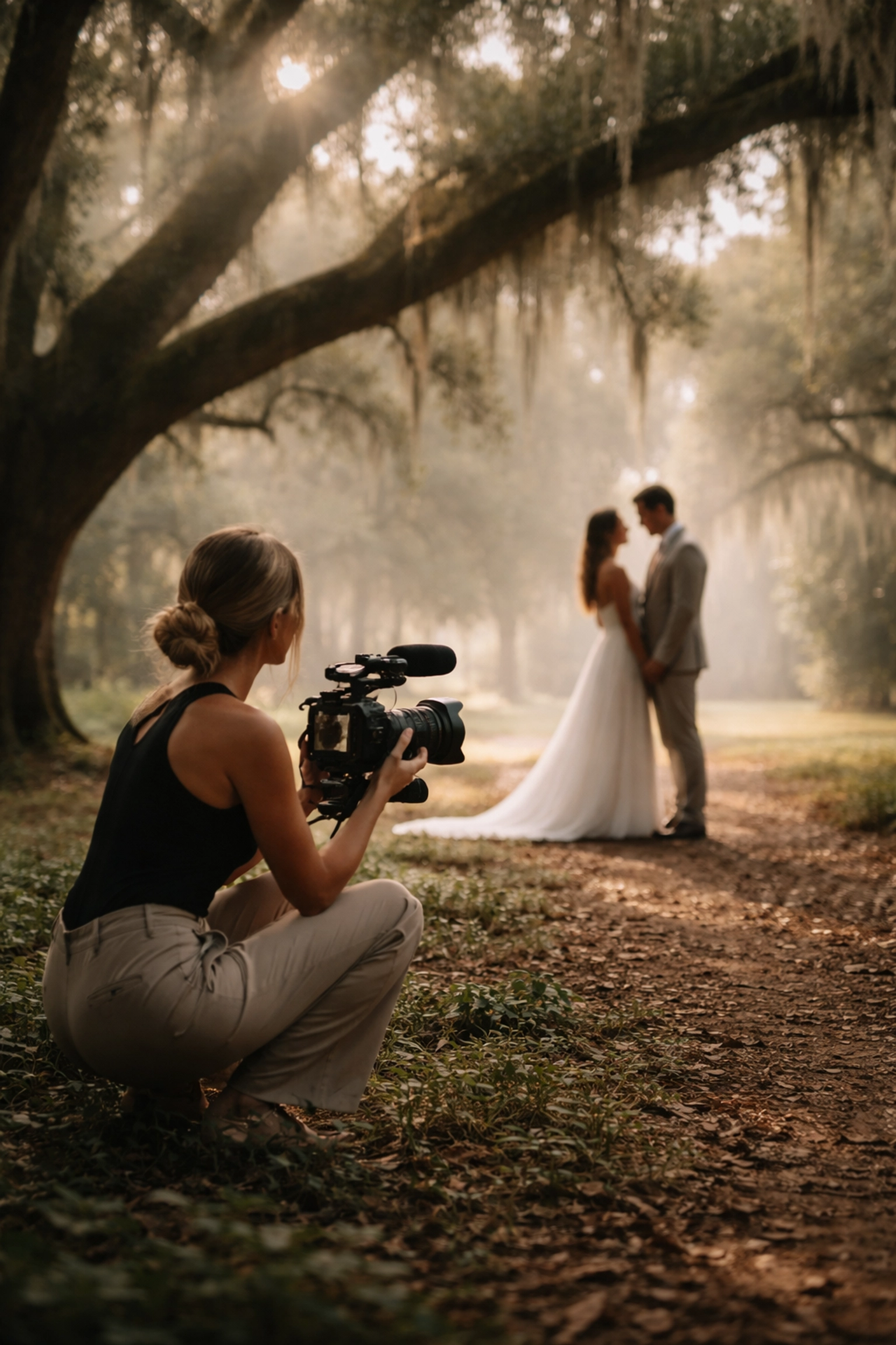 Female cinematographer captures a couple’s first look under oak trees and Spanish moss in City Park, New Orleans