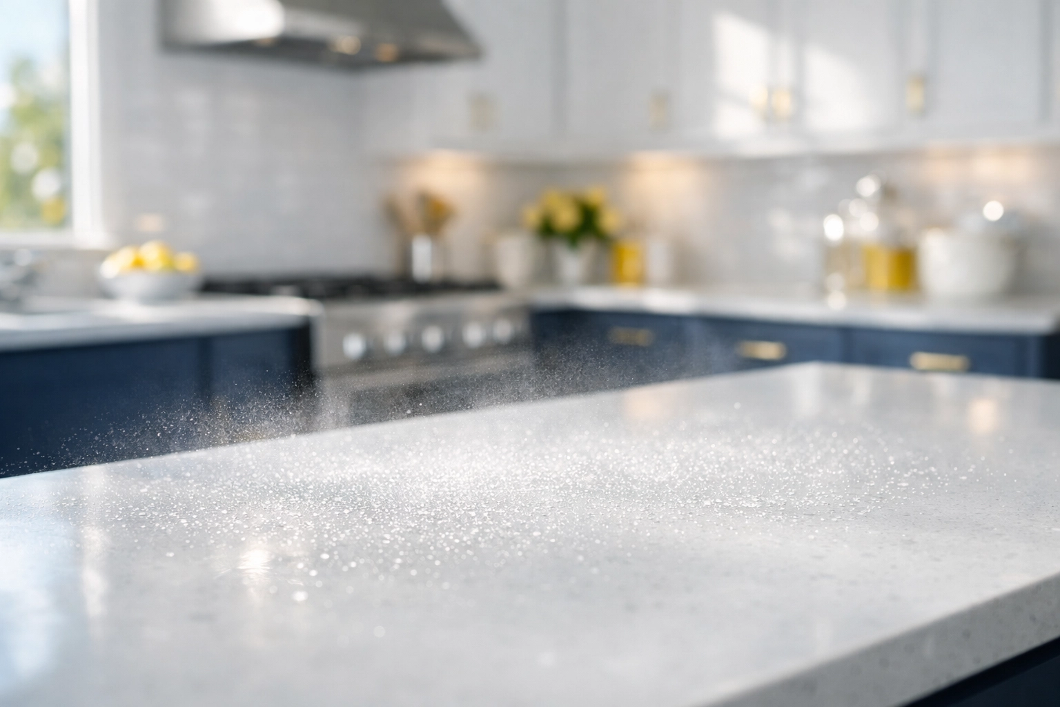 Mist of disinfectant dwelling on a kitchen counter, a key step in House Cleaning Pepperell MA for a sanitized surface.