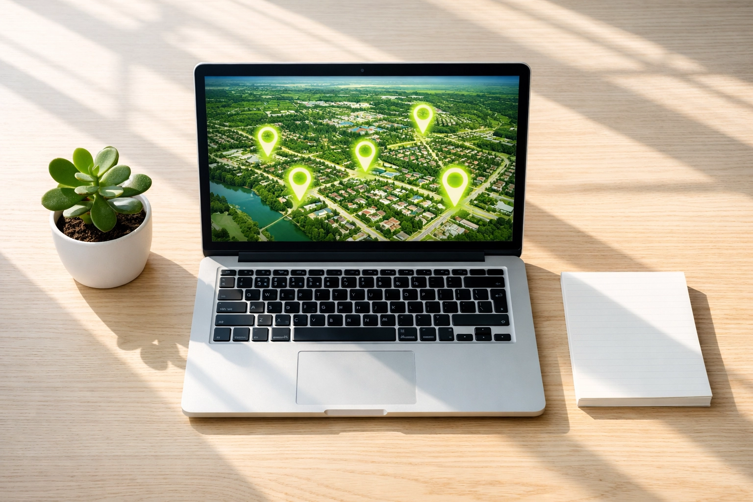 Laptop showing local search map pins to improve business visibility in Google map results.