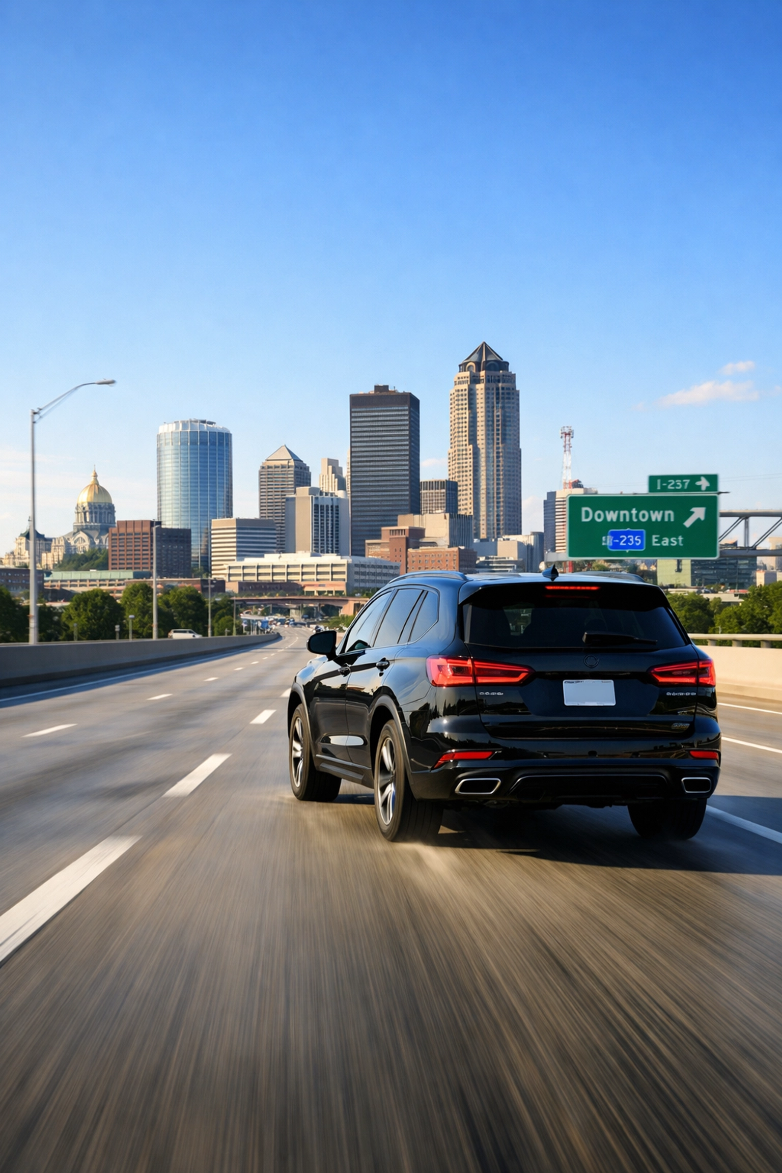 A luxury SUV driving toward the Des Moines city skyline, highlighting efficient local transport.