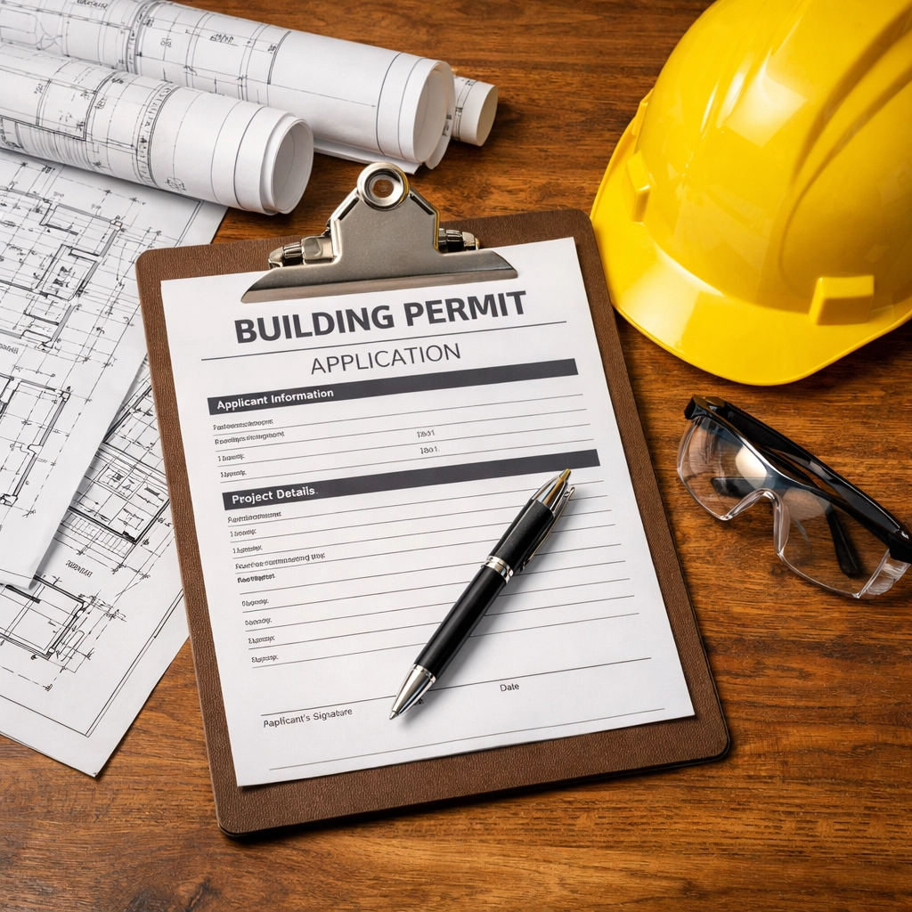 North Carolina demolition permit application documents and blueprints on desk with safety equipment