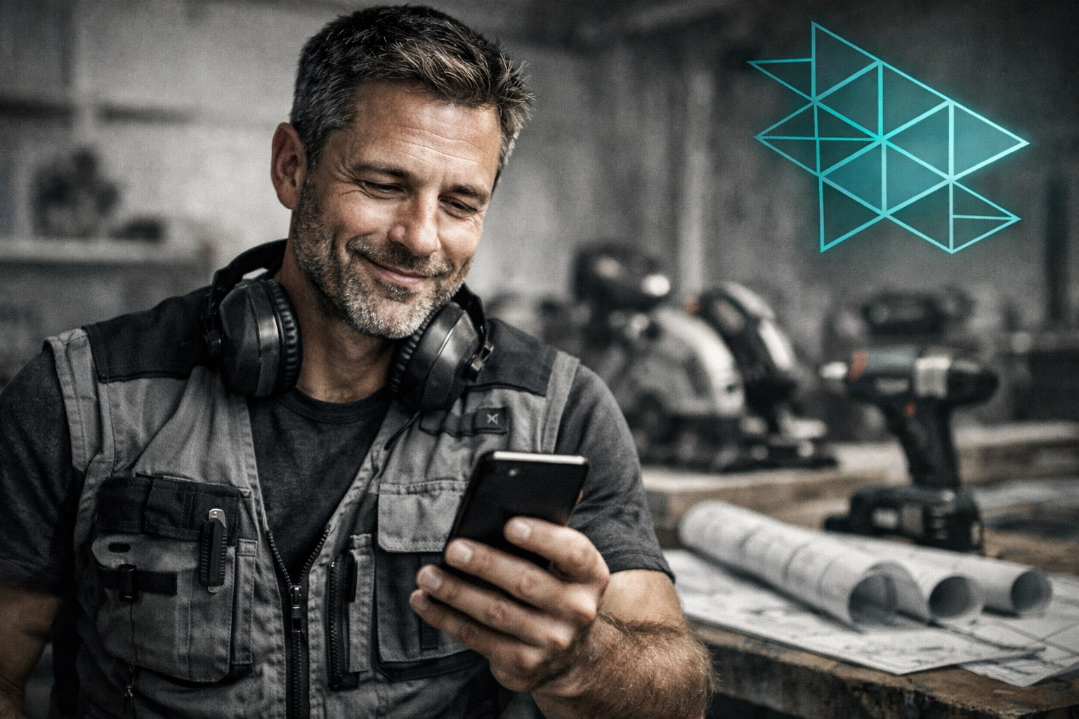 Contractor in a workshop using a smartphone to manage customer reviews and reputation automation.