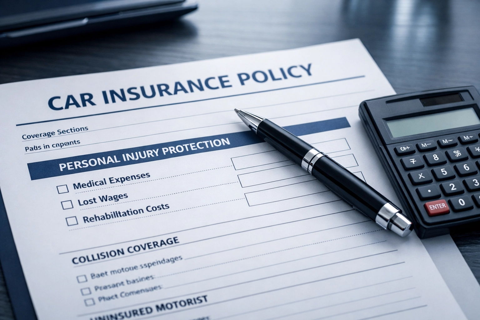 Massachusetts PIP (Personal Injury Protection) policy document showing $8,000 coverage limit