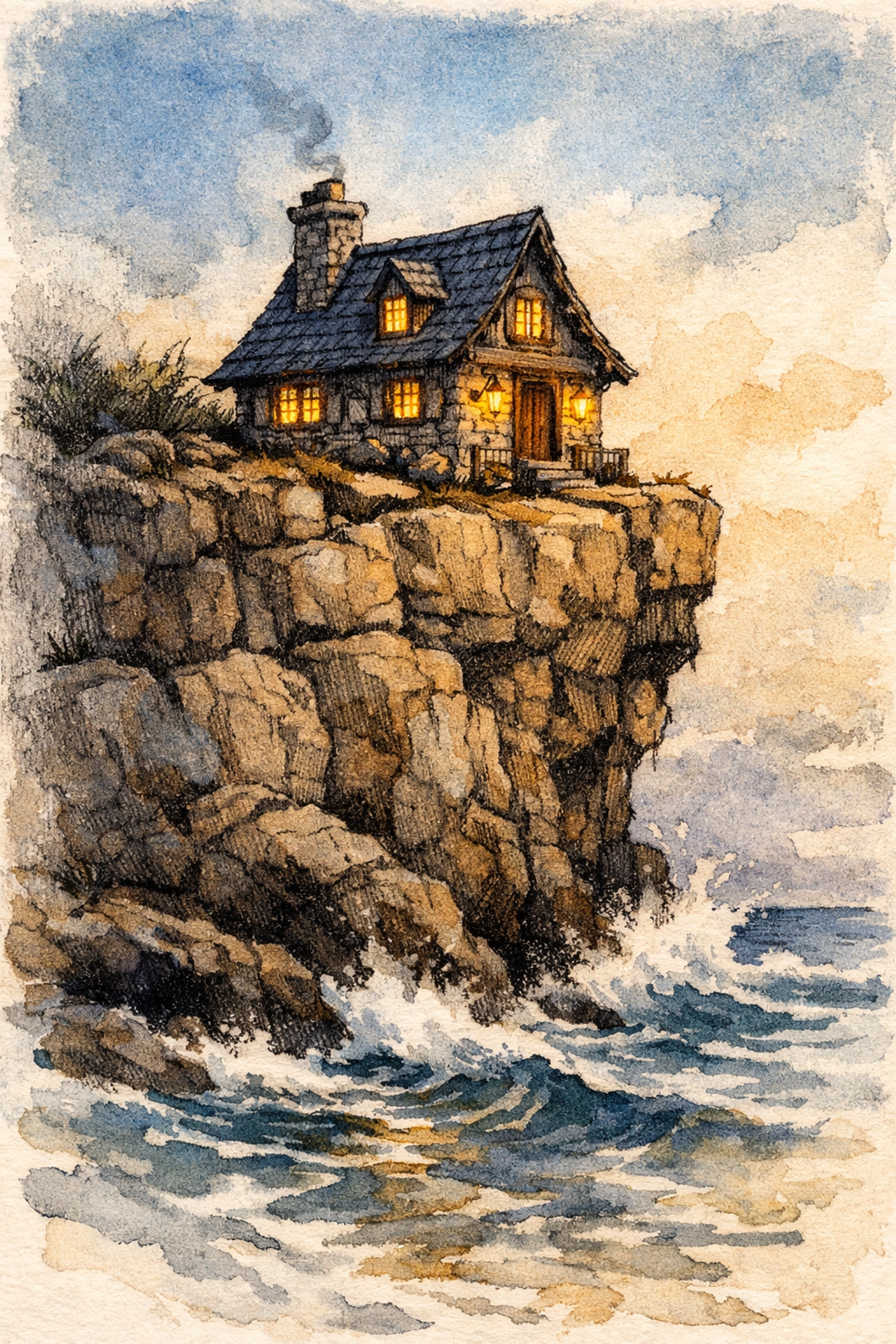 Cozy cottage on a strong stone cliff above ocean waves, illustrating God as our unshakeable refuge and safe harbor.