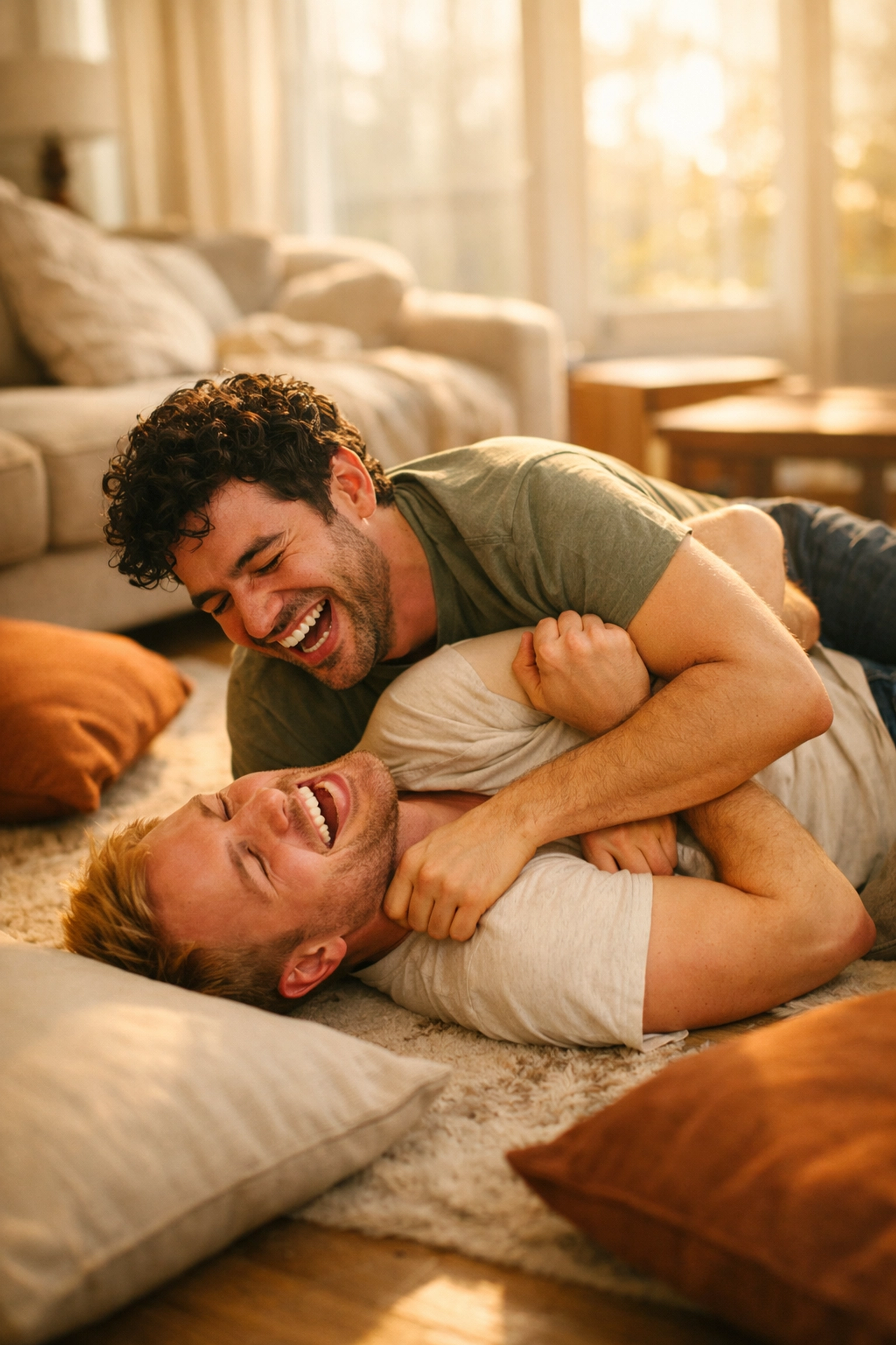 Gay couple playfully wrestling on living room floor showing puppy energy in relationships