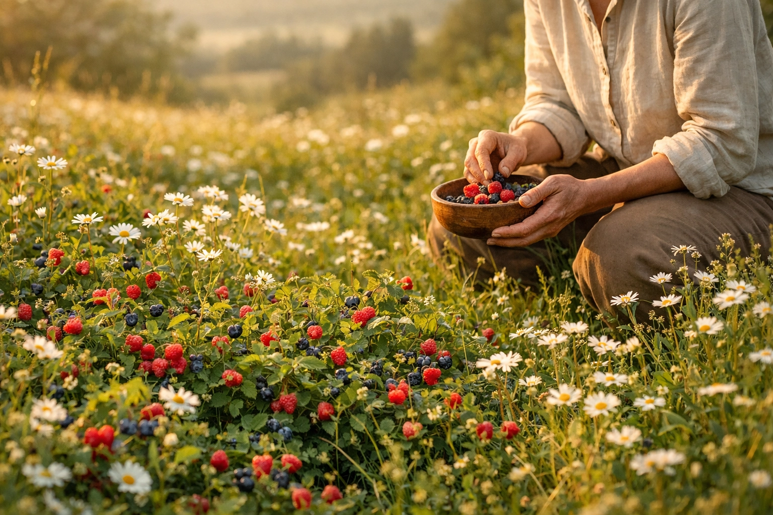 Sustainable harvesting of wild berries in a lush meadow during a camping adventure in the UK.