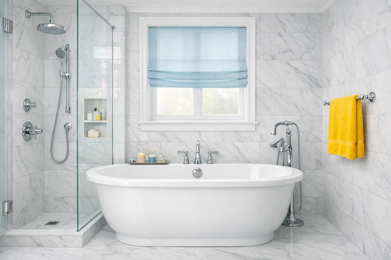 Sanitized luxury bathroom with sparkling marble tiles from professional move-in cleaning services in Boston.