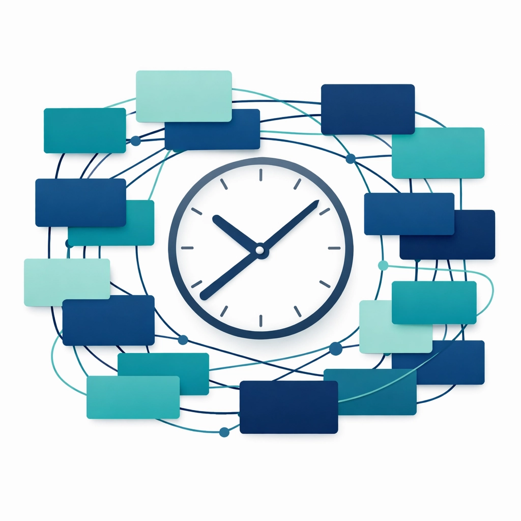 A clock surrounded by complex calendar events symbolizing overprocessing waste and meeting fatigue in remote work.