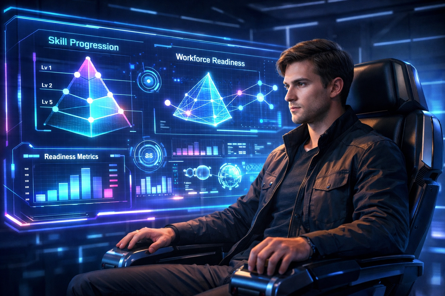 Student analyzing skill progression and workforce readiness metrics on a digital career simulation dashboard.