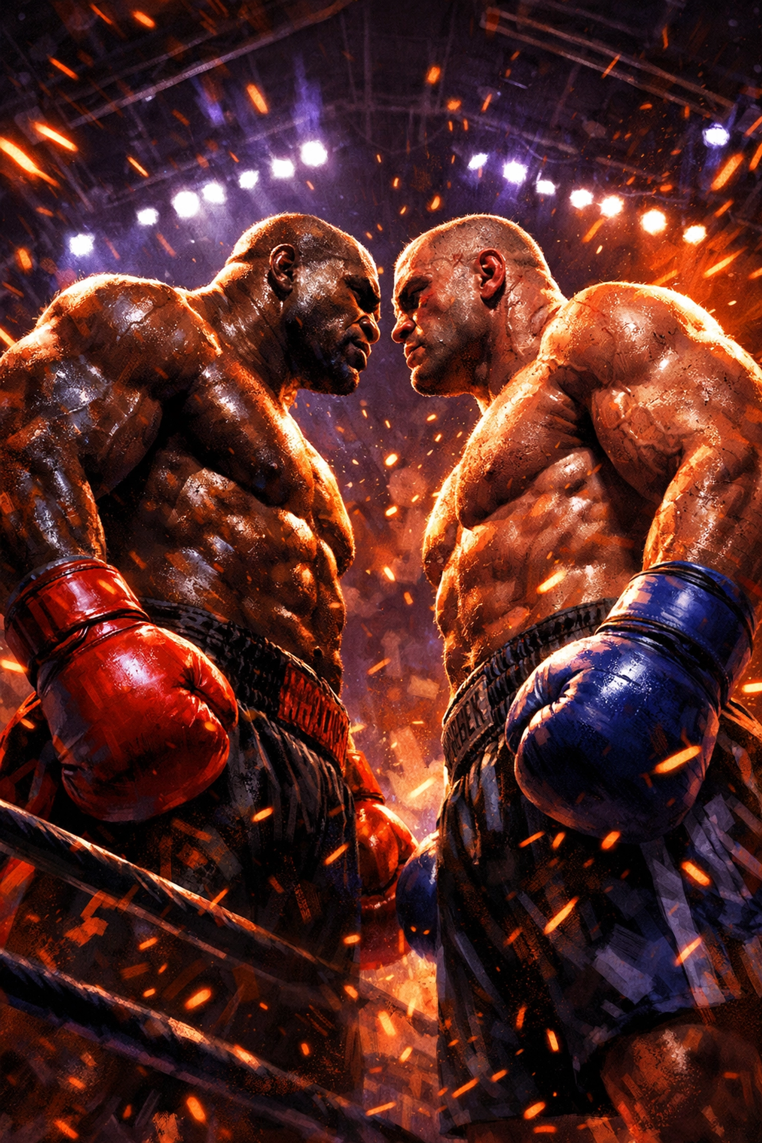 Heavyweight titans face off in a dramatic boxing ring for the $100M Joshua vs Fury contract.