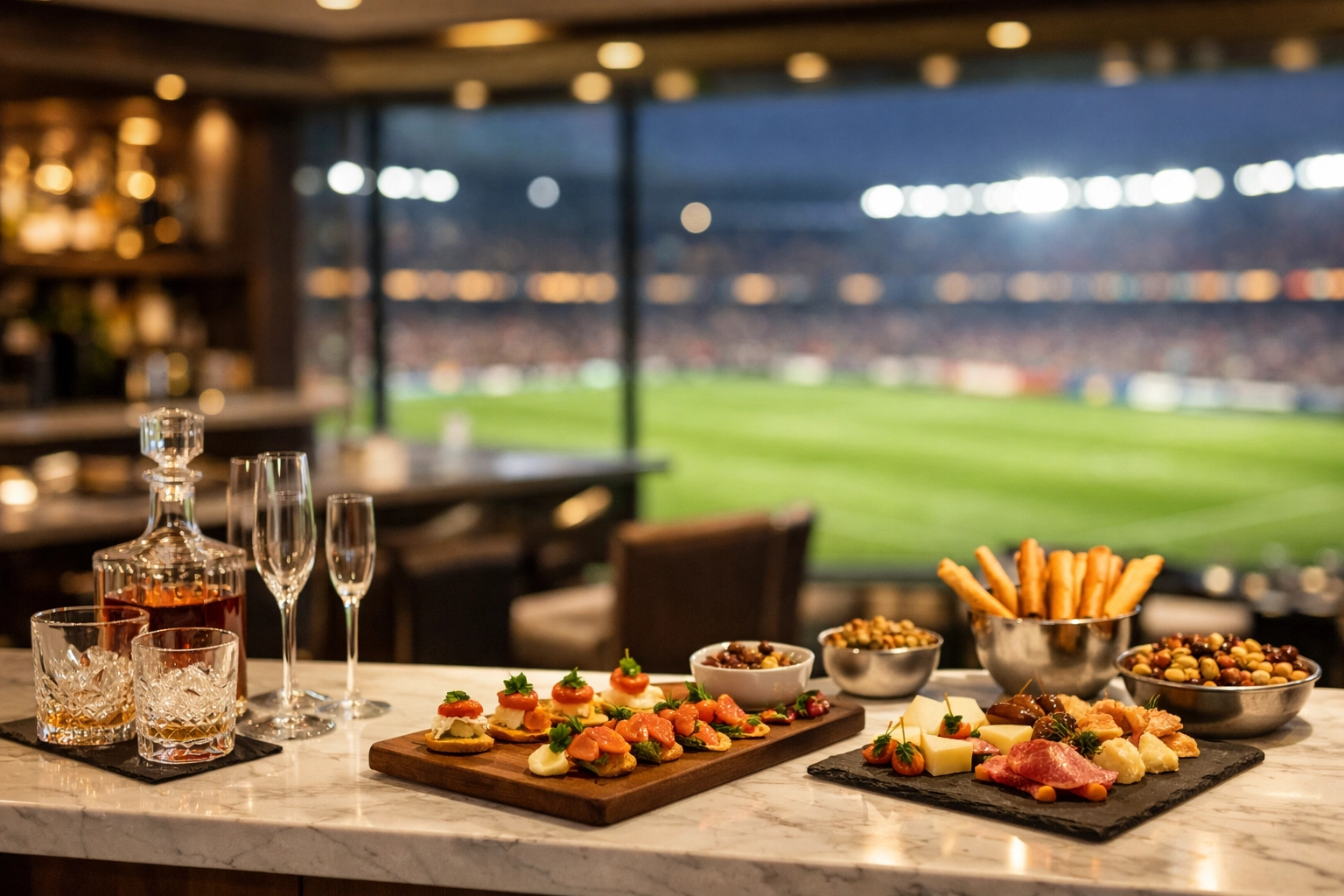 Luxury Super Bowl stadium suite with gourmet catering and a view of the football field for VIP hosting.