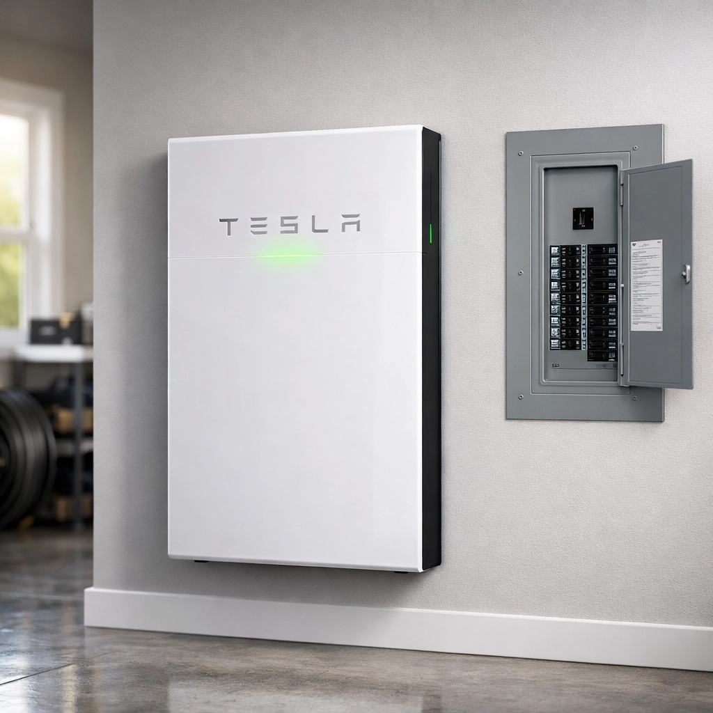 Tesla Powerwall battery storage unit installed in a garage for maximising solar energy use