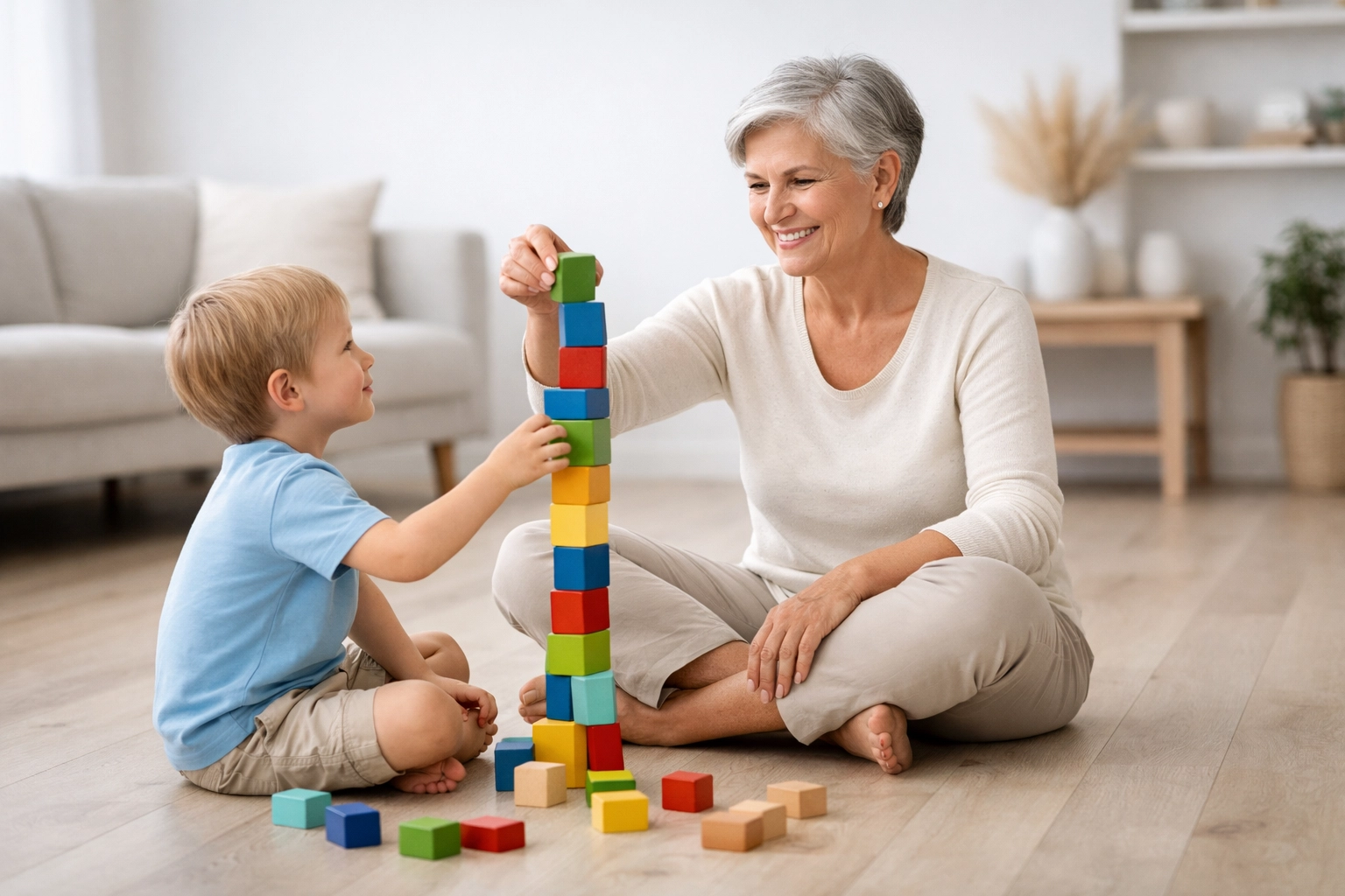 Grandmother sitting on the floor playing with grandchild after balancing sciatica imbalances.