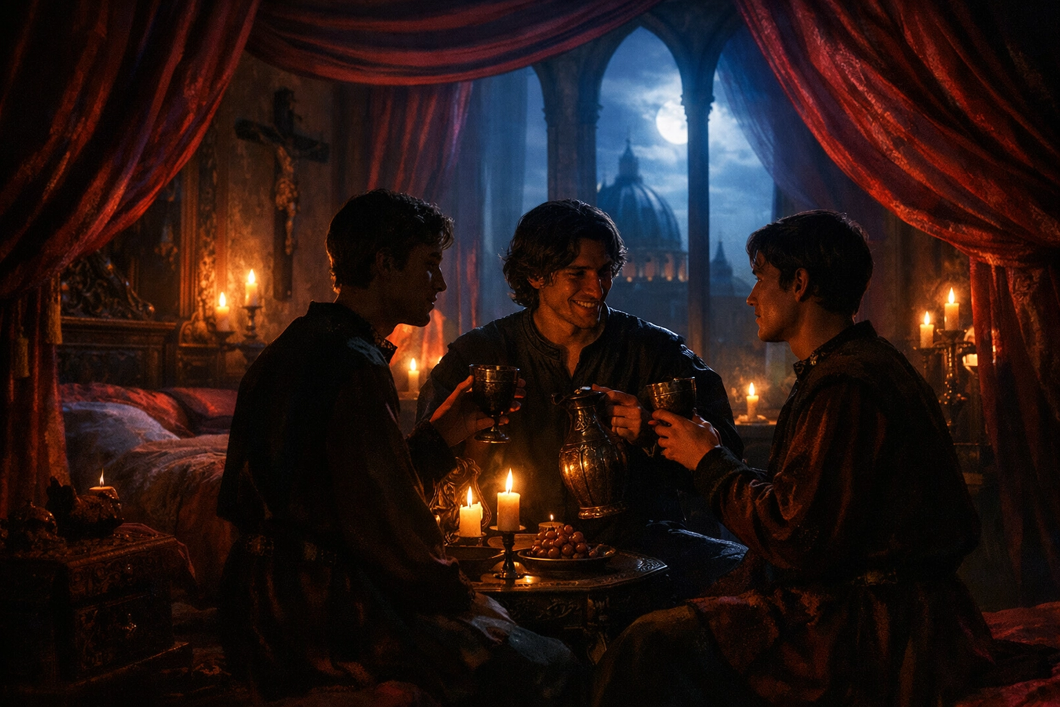 Medieval Vatican chamber with young men depicting hidden gay clergy relationships