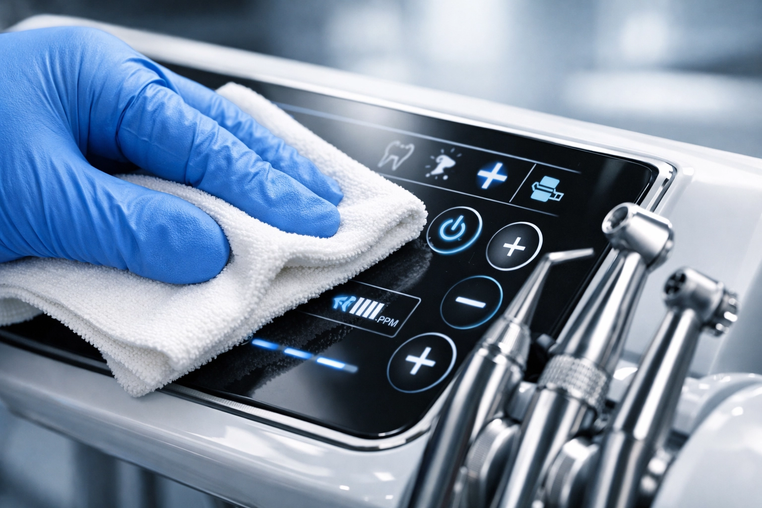 Close-up of sanitizing high-touch medical equipment for superior clinic disinfection and hygiene.