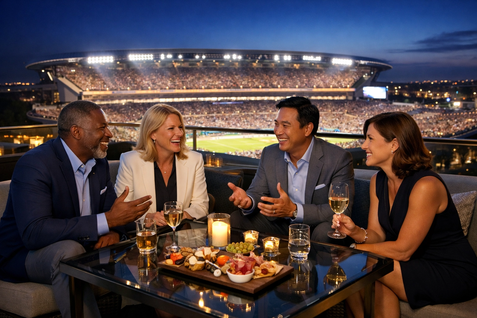 Executives networking at an exclusive rooftop lounge with a stadium view for VIP brand engagement.