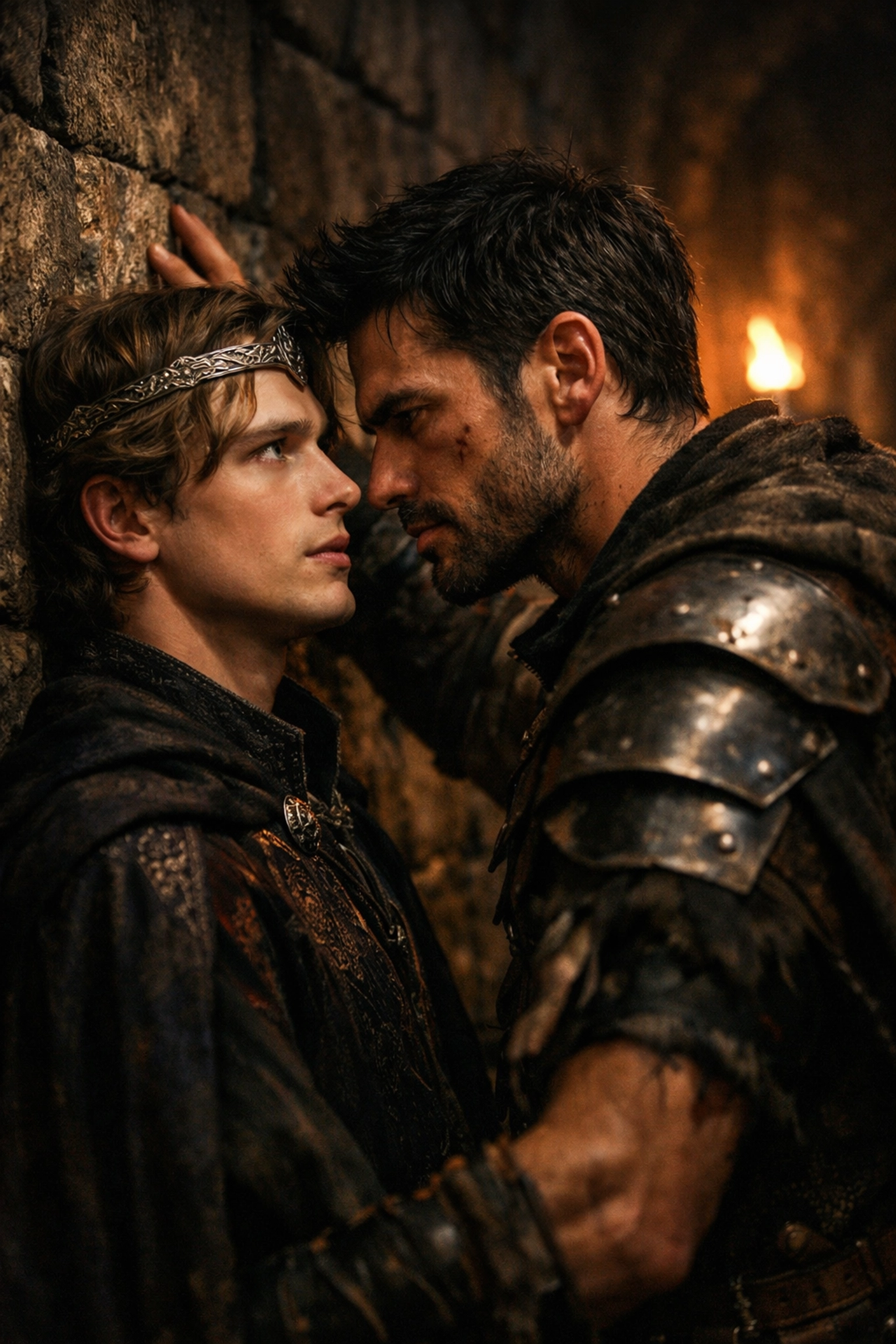 Two men in a tense enemies-to-lovers forced proximity scene in a dark castle hallway.
