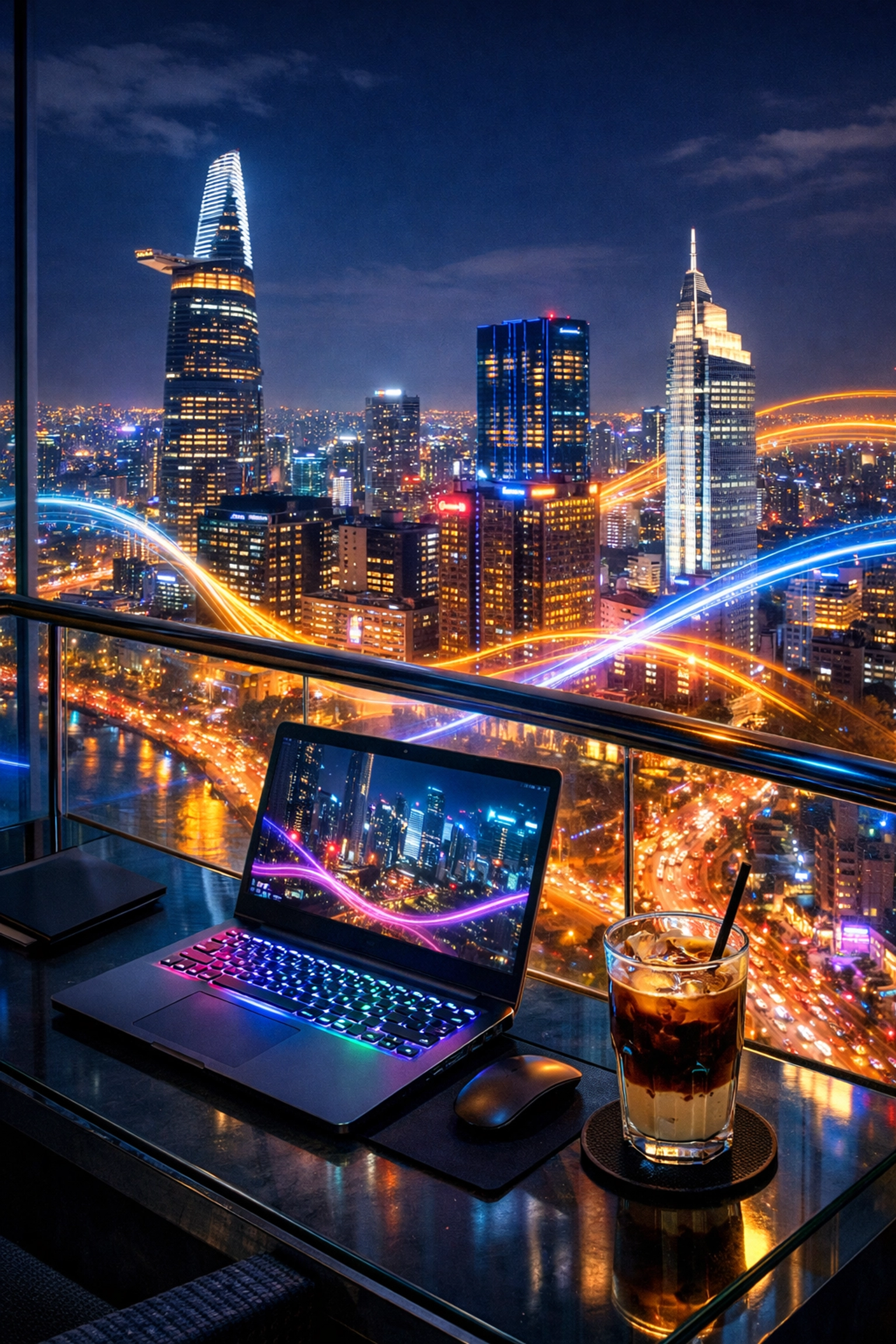 Remote work setup in Ho Chi Minh City at night, showcasing the city's high-tech urban energy.
