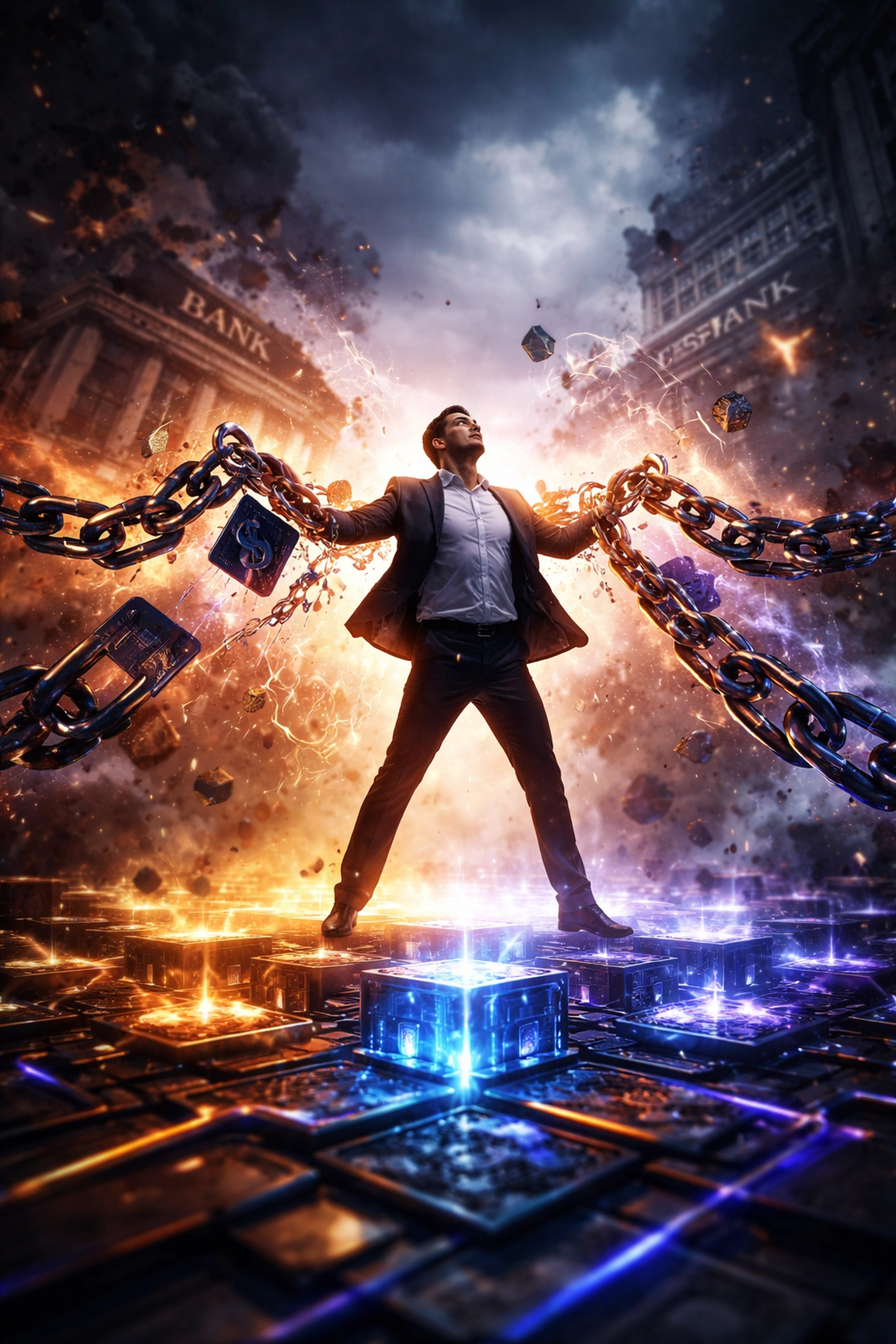 Small business owner breaking free from credit card fees with blockchain, symbolizing crypto payment freedom