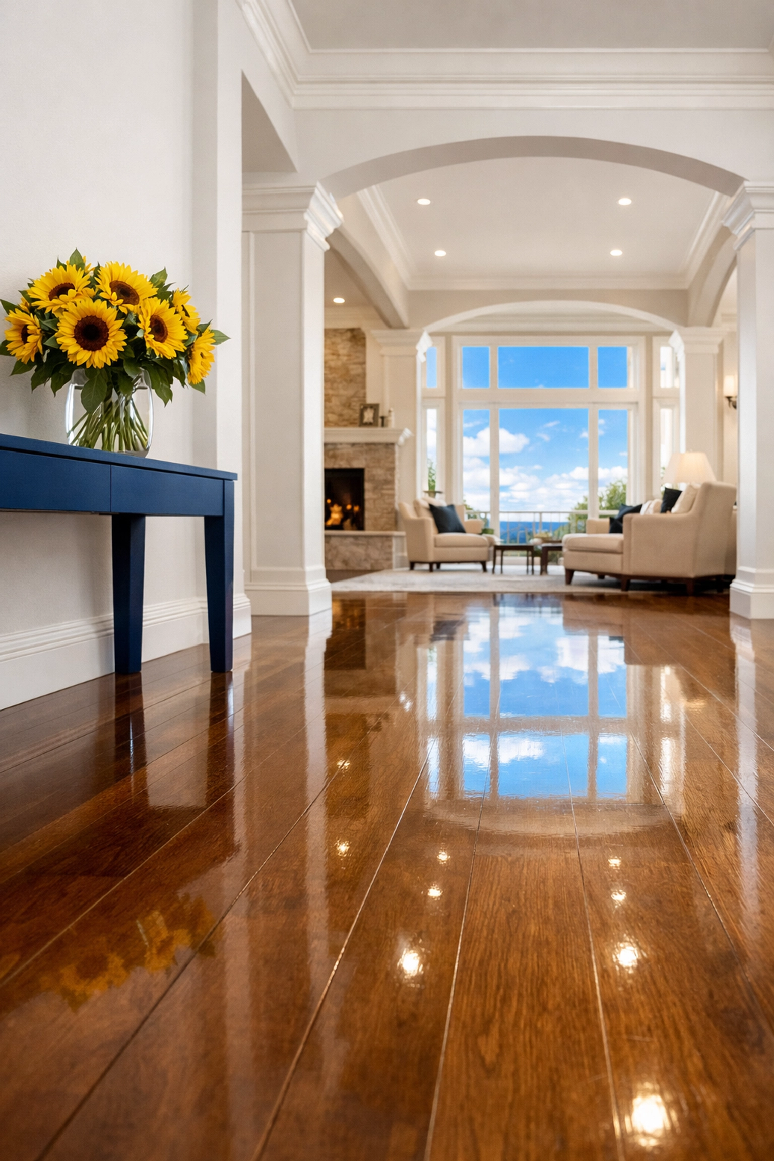 Immaculate sun-drenched living room in Littleton after expert post construction cleaning and dust removal.