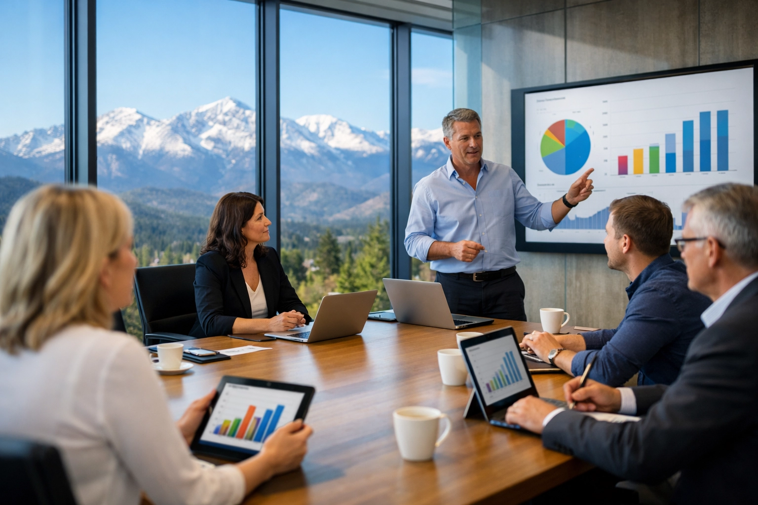 Executives conducting a strategic media planning session to drive results with innovation autopilot technology.