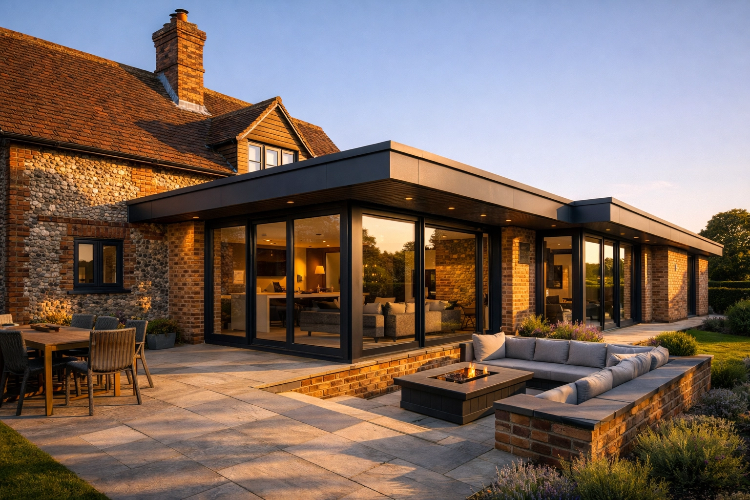 Sophisticated wraparound house extension featuring a mix of traditional flint and modern brickwork.