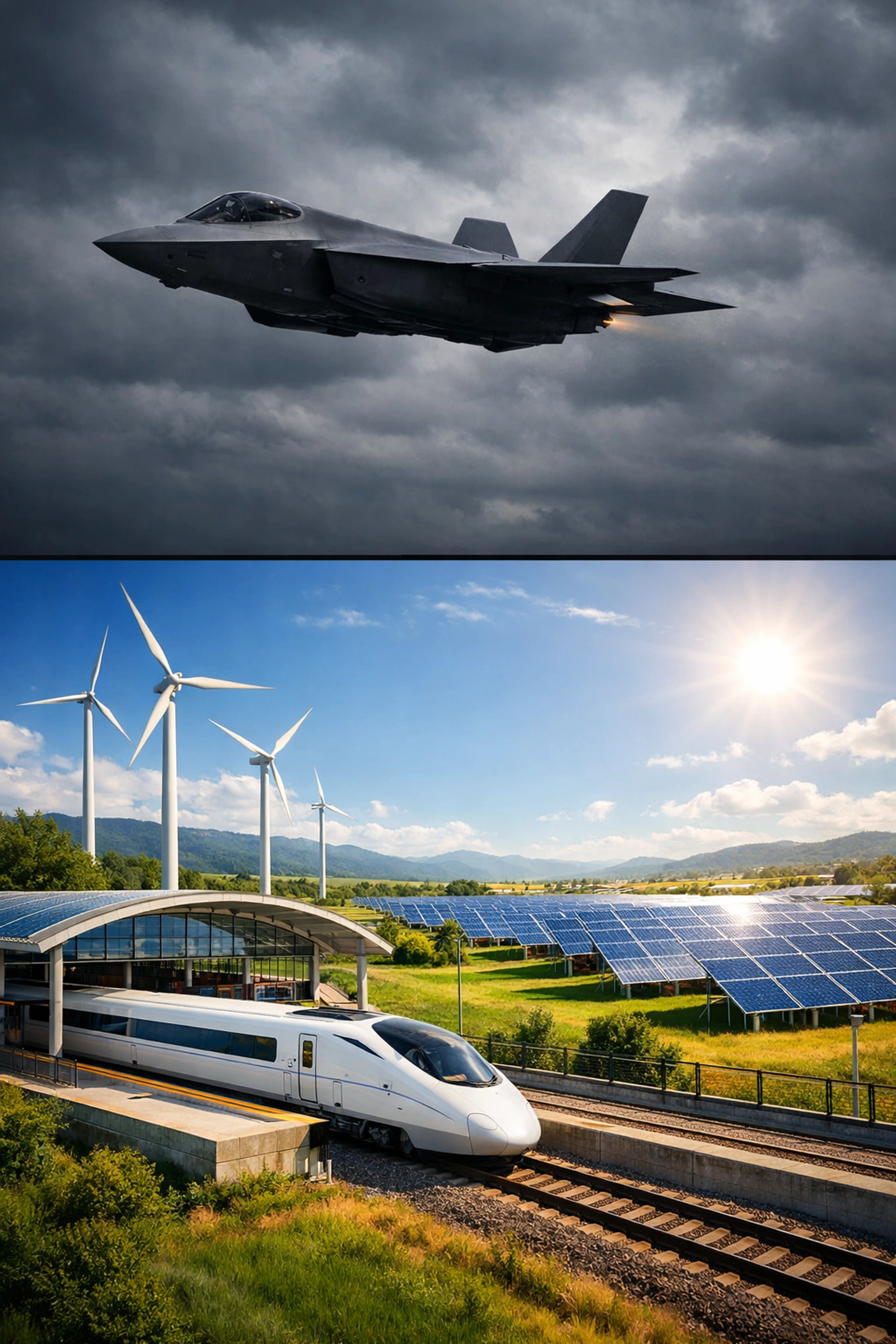 Visual contrast between a stealth jet and green energy infrastructure, illustrating economic opportunity cost.