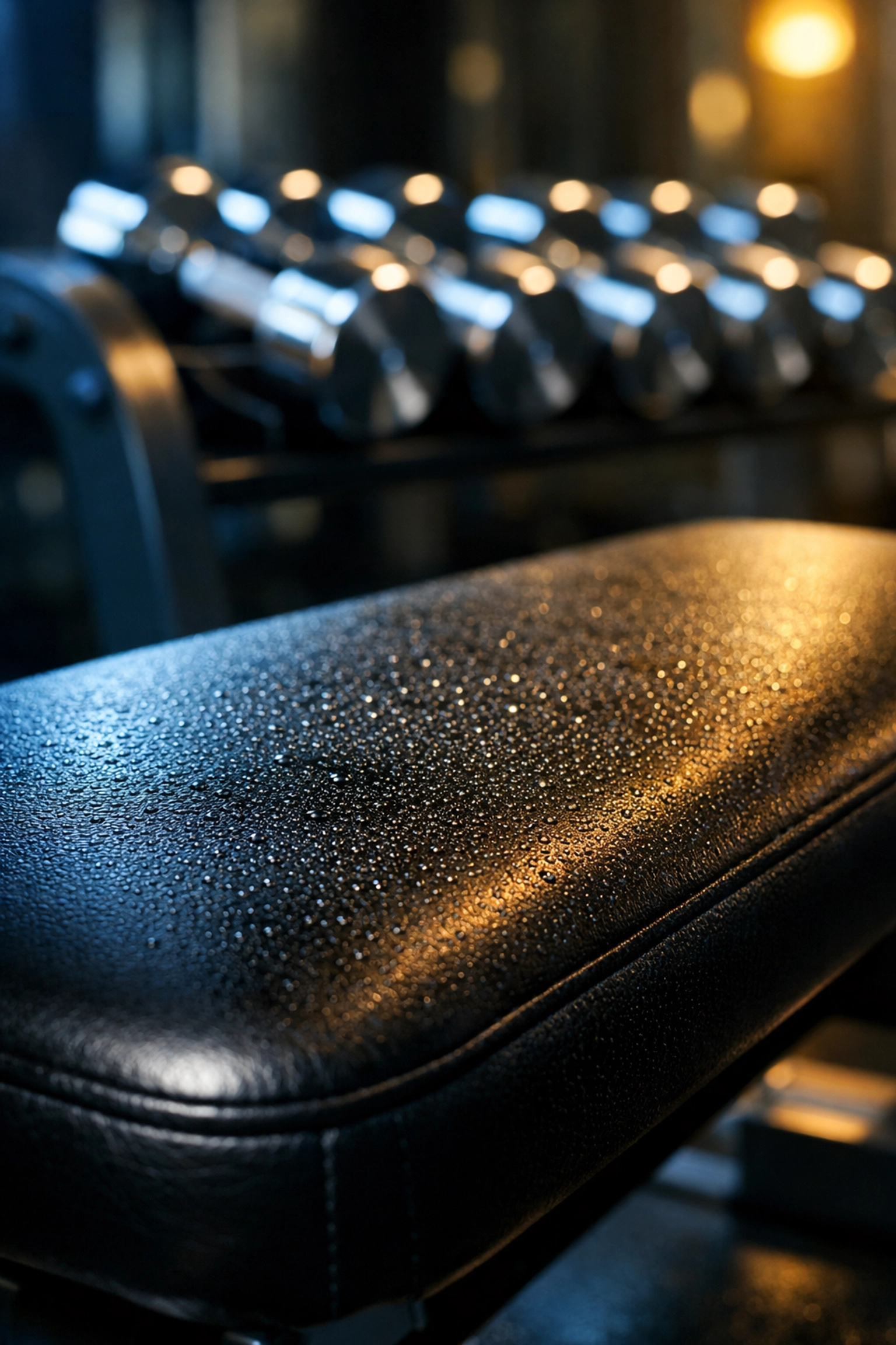 Sanitized gym weight bench and clean silver dumbbells representing professional fitness center hygiene.