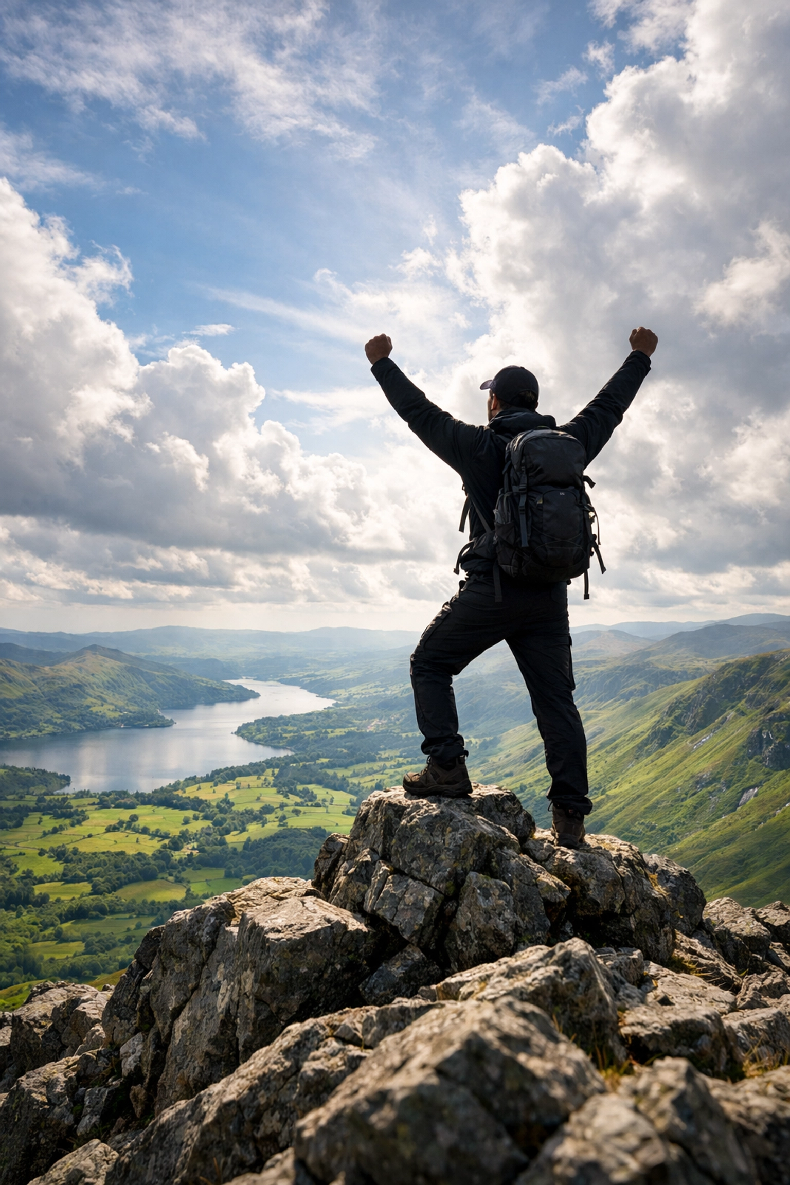 Hiker celebrating successful summit on guided Lake District walking tour