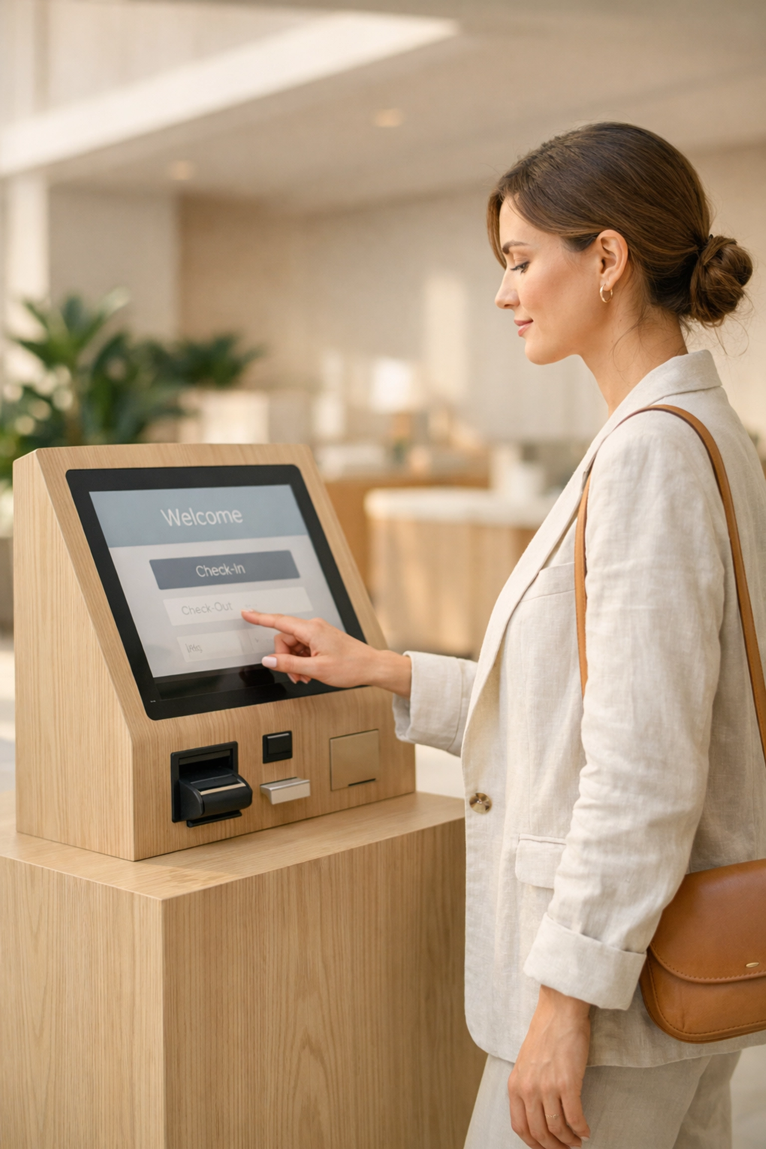 Stylish guest using a modern self-check-in kiosk in a sun-drenched hotel lobby for a fast arrival experience.