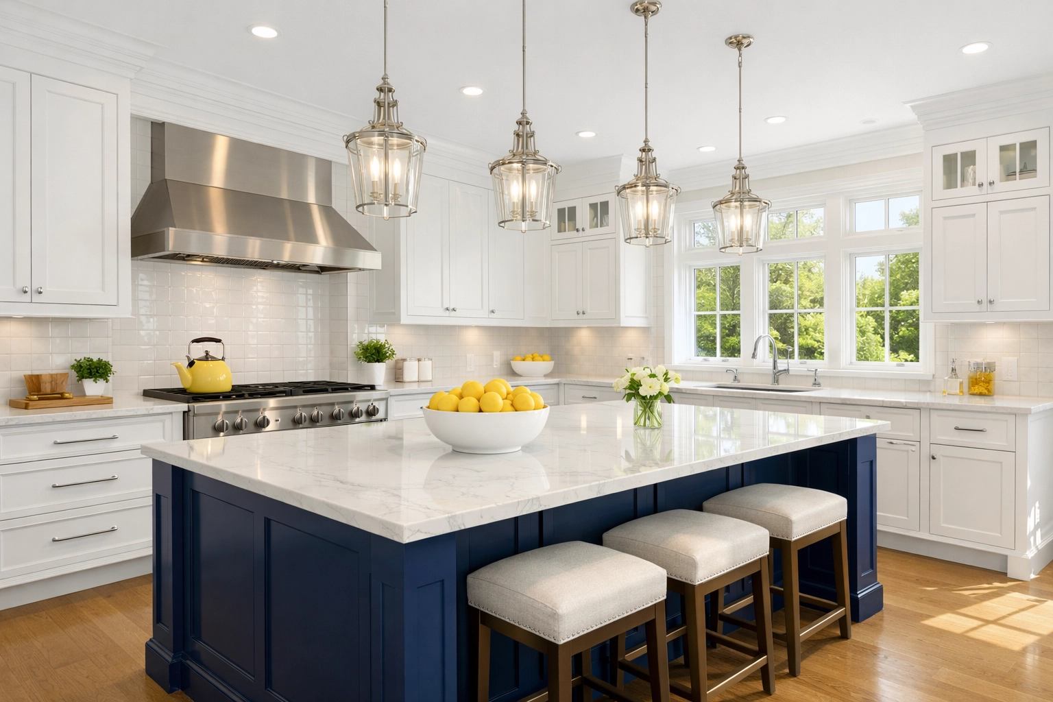 Luxury Massachusetts kitchen with white marble countertops after a professional post-construction cleaning service.