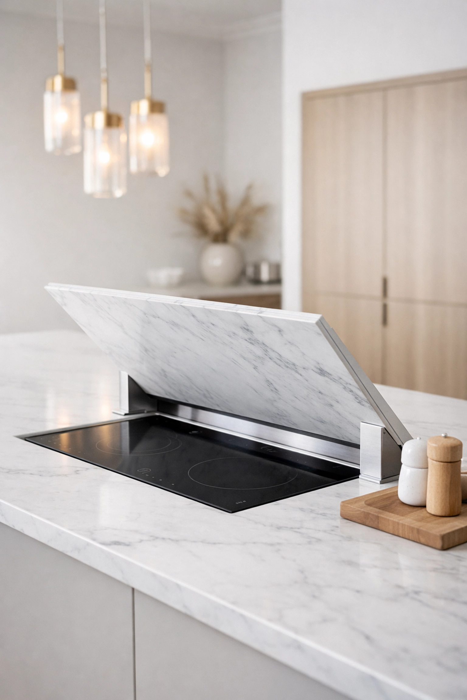 High-end kitchen extension in Maricopa County with hidden induction cooktop and modern pendant lighting.