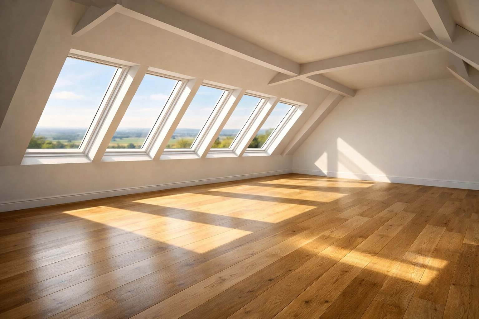 Bright attic conversion in West Sussex with roof windows and scenic horizon views.