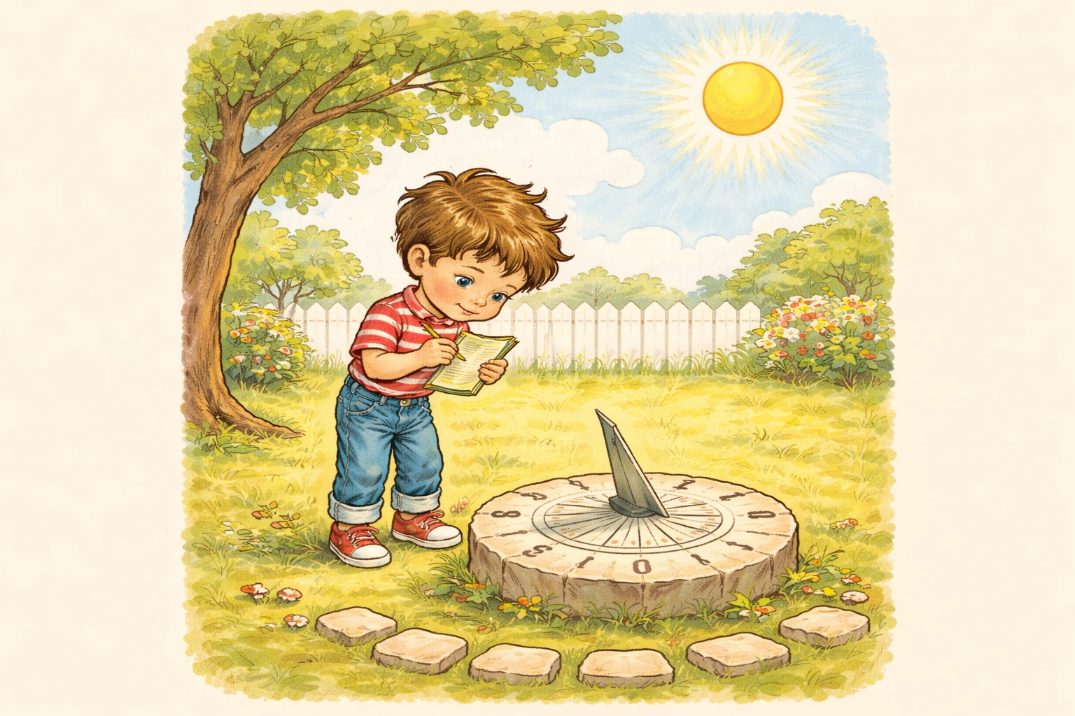 A child studies a backyard sundial with a notebook, observing time outdoors on a sunny, cloud-dotted day.
