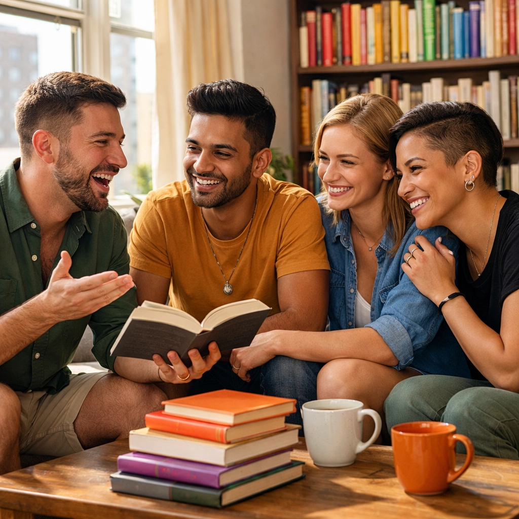 Diverse queer friends sharing a joyful gay book club discussion in a bright living room.