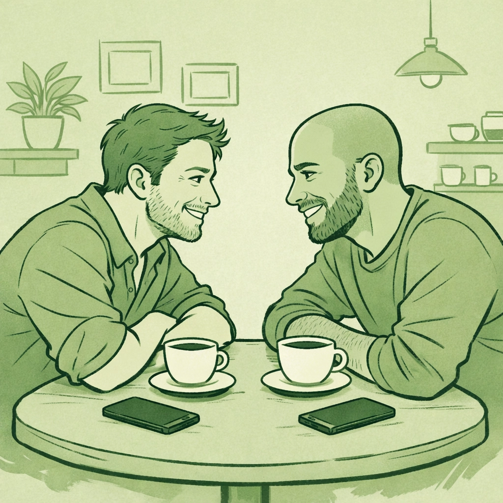 Gay couple on coffee date with phones aside, enjoying real face-to-face connection