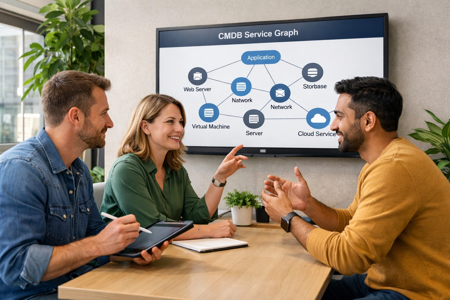 IT specialists reviewing a clean CMDB service graph for ServiceNow ITOM optimization.