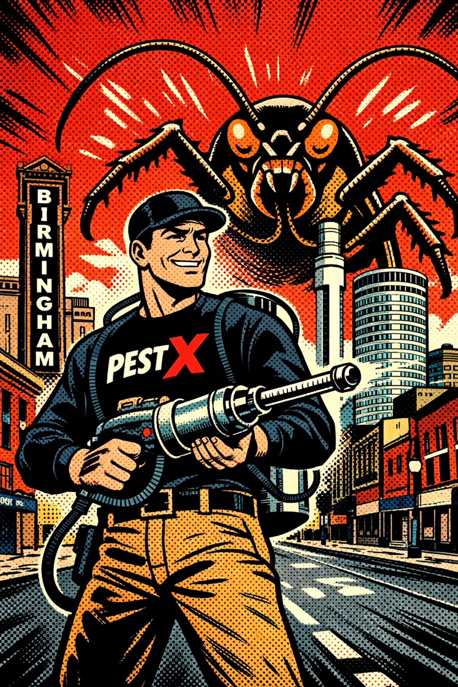Heroic Birmingham exterminator protecting the city from giant cockroaches in pop art style.