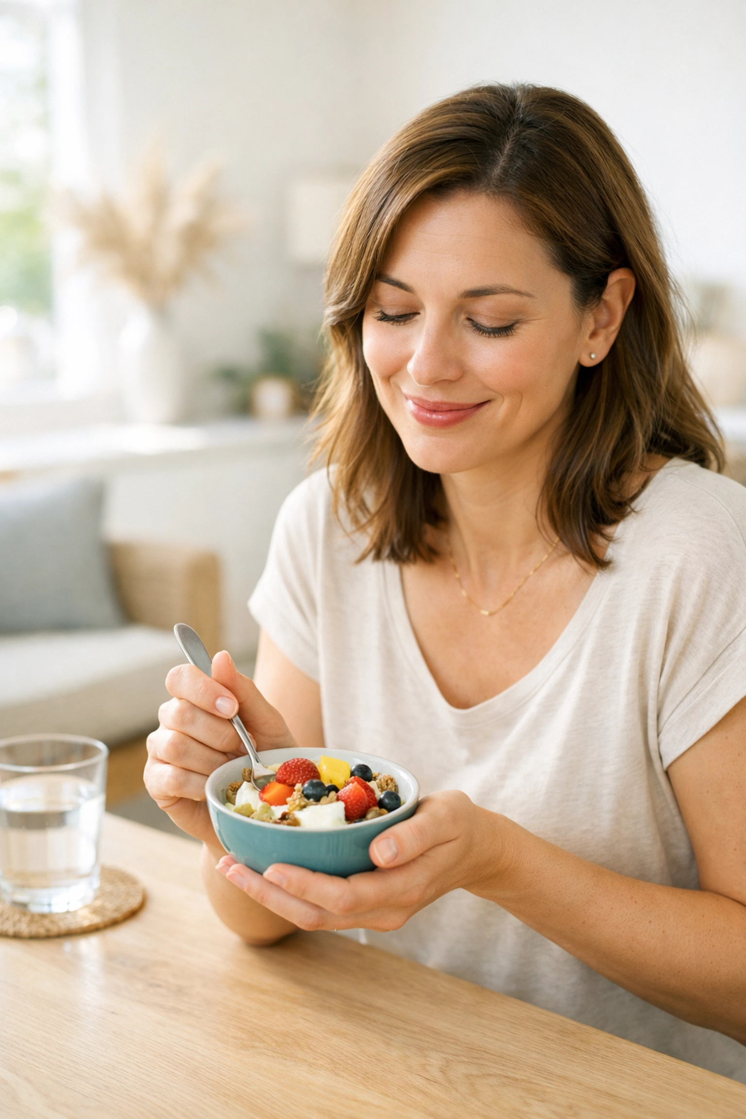 A woman enjoying a healthy meal, illustrating effective weight management and appetite control in California.